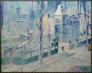 Blick aus dem Atelier auf verschneite Häuser in der Rauchstraße